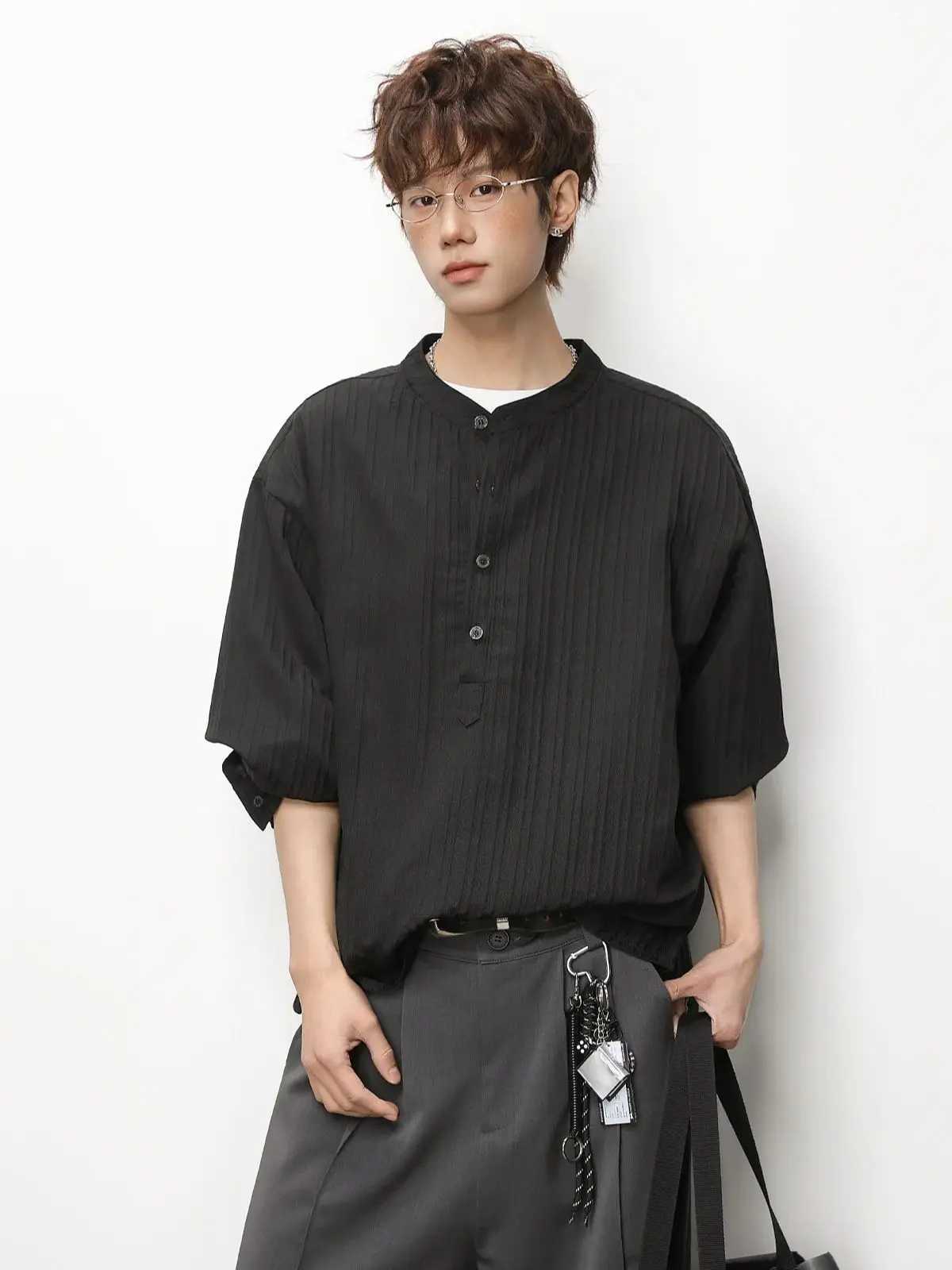 Textured Vertical Stripe Long-Sleeved Shirt Mens Casual Breathable Button-Down Stand Collar Shirt Jacket Soft M260305