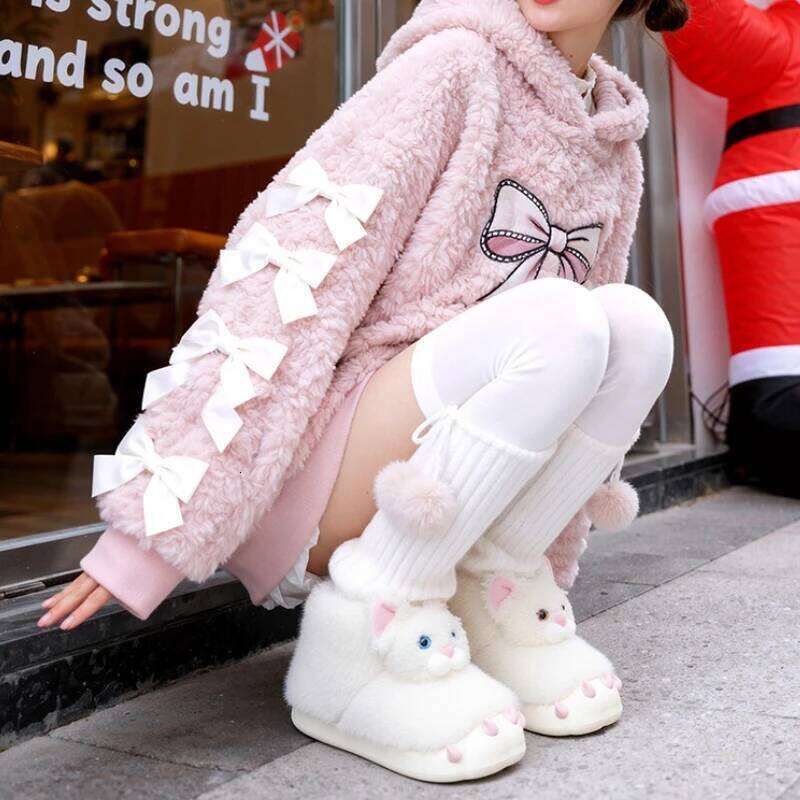 Cute Cat Paw House Shoes For Women Indoor Fluffy Slippers Thick Sole Soft Plush Anti-slip Girls Furry Cartoon Warm Snow Boots