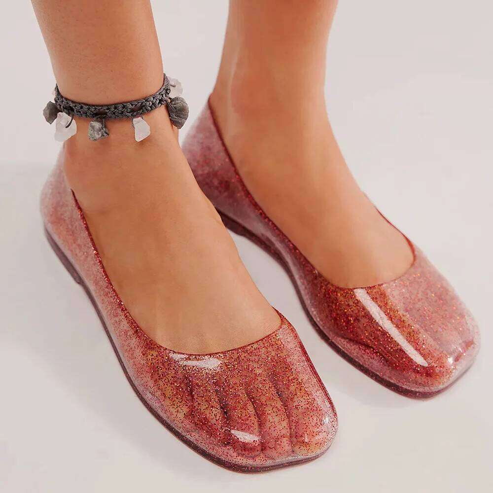 Leisure Jelly Shoes Woman Summer Flat Sandals Soft PVC Bling Transparent Color Square Toe Female Home Street Flats Big Size 42