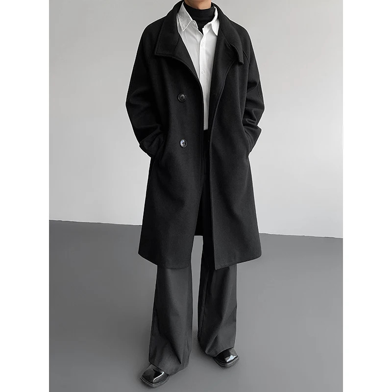 Autumn Winter Mens Wool Trench Coat Mid Length Stand Collar Solid Color Windproof Warm Two Button Outerwear 260302