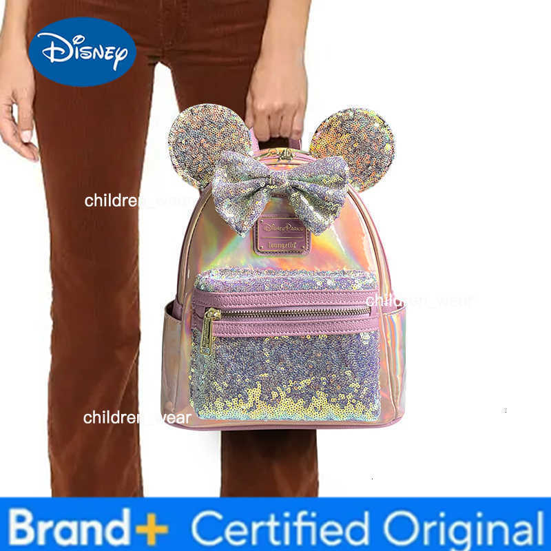 Disney PU Leather Stitch Women Double Shoulder Backpack Donald Goofy Mickey Lady Bags Sequin Schoolbag Handbag Mummy Bag Girls H260305