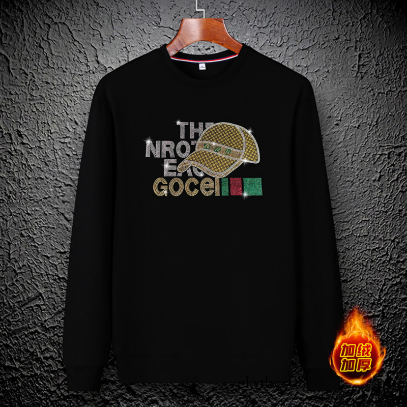 European Style Autumn Winter Sweatshirt Round Neck Fleece Trendy Men's Versatile Light Luxury Youth Heavy Craft Rhinestone Inner Shirt Long Sleev
