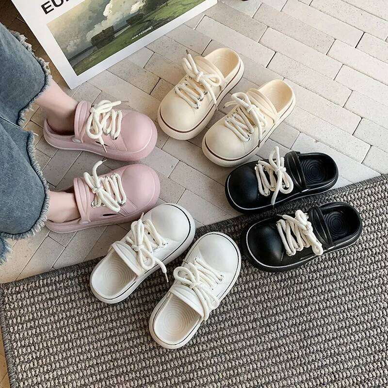 2025 Women Platform Slippers Lace-up Fashion Clogs Soft EVA Summer Shoes Thick Sole Girls Indoor Street Slides Slip-on Sandals