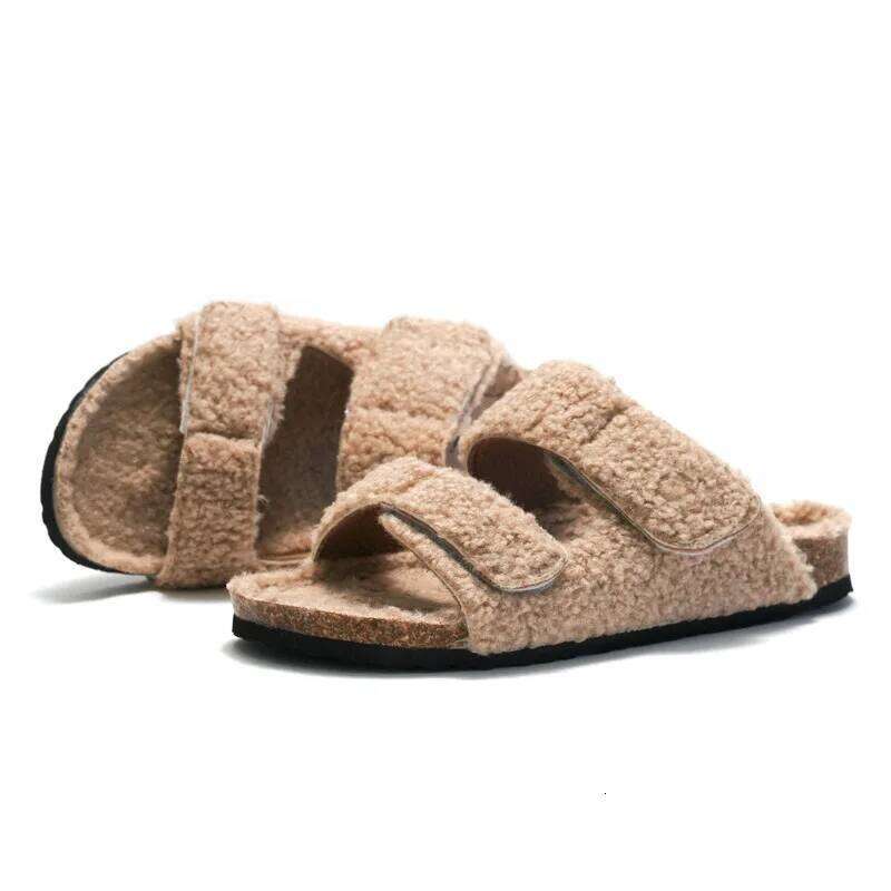 KIDMI Plush Lining Women's Velcro Non-slip Indoor Flat Slides Furry Warm Cozy Slippers With Arch Support