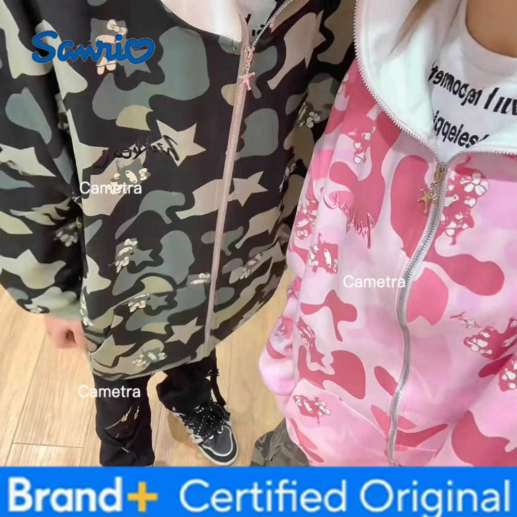 Sanrio Cotton American-style vintage camouflage cardigan, Kitty Cat hoodie, women's loose and lazy style oversized coat H251120
