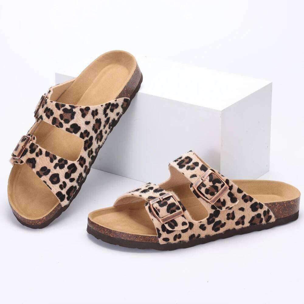 Kidmi Women's Slide New Casual Cork Footbed Platform Open Toe Leopard Slides With Adjustable Buckle Flat Sandals