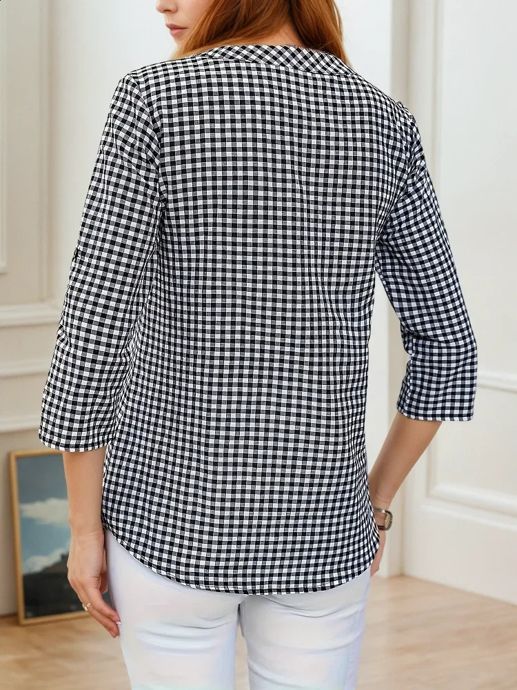 Plus Size Spring Autumn Women Fine Plaid Fashion Long Sleeve VNeck Blouse Slim Fit Temperament Top Belly Covering Small Shirts 260228