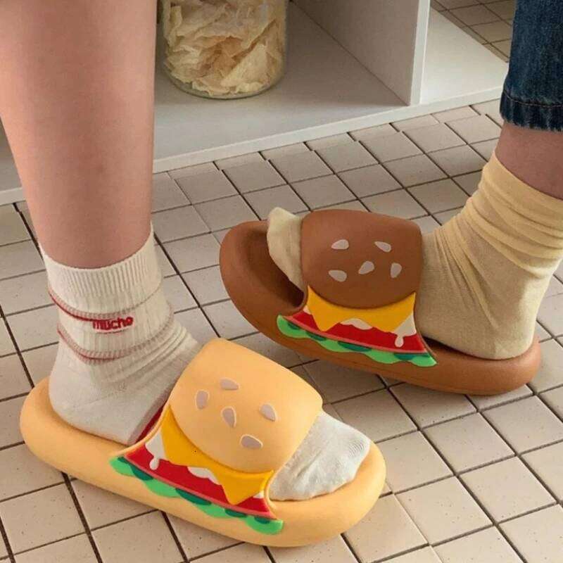 Cute Hamburger Indoor Platform Slippers For Women Summer House Shoes Soft EVA Thick Sole Anti-slip Couples Home Bathroom Slides