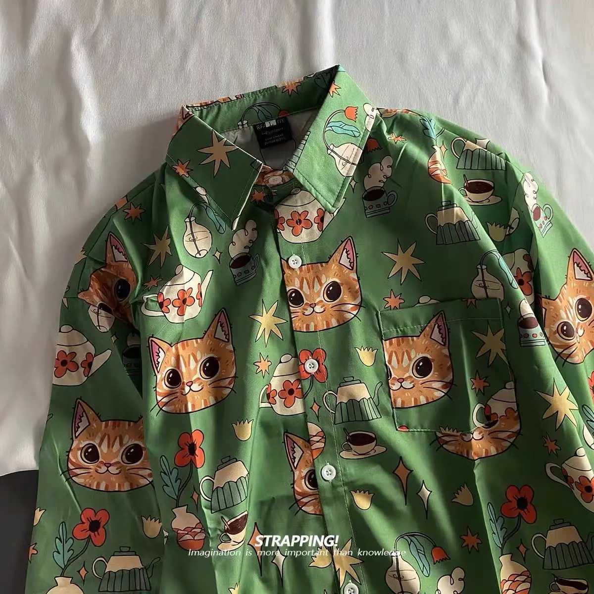 Boho Graffiti Cartoon Cat Full Print Ins Retro Short-sleeved Flower Lining Men and Women Hawaii Japanese Thai Beach Shirts 2024 M260305