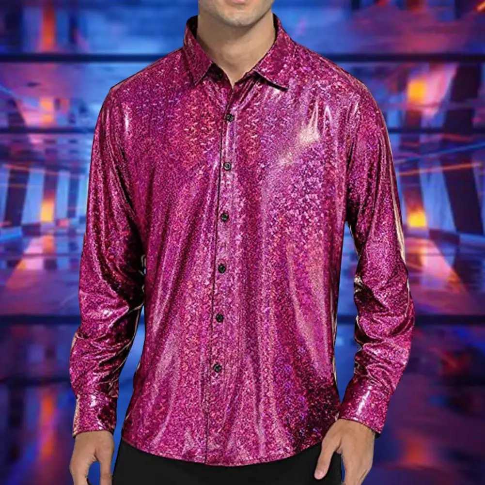 2025 Shirt Men Button Metallic Disco Shirt 70s Costume Men Gold Shirts For 70s Party Nightclub Wear Music Festival Mens Top M260305