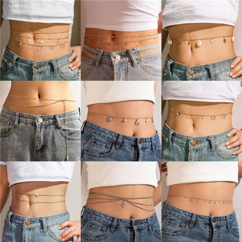 Fashion Boho Gold-plate Multilevel Star Moon Butterfly Snake Pendant Long Waist Chain For Women Beach Sexy Body Chains Jewelry S260304