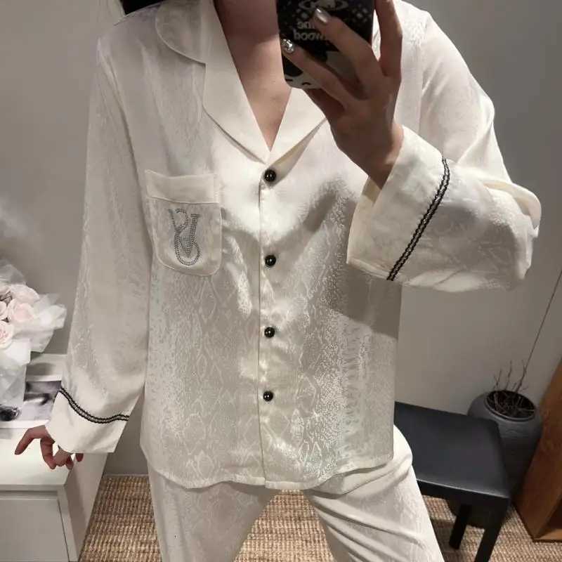 2026 Spring Ice Silk Pajama Set - Women Long Sleeve 2-Piece Loose Loungewear SleepwearT260305