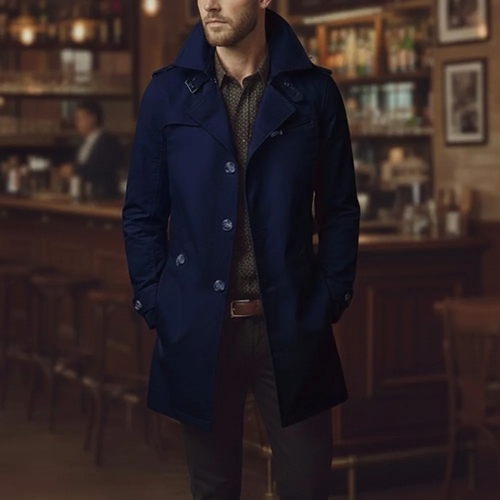 Mens Slim Notched Collar Single Breasted Cotton Jacket Office Casual Business Trench Coat 260302