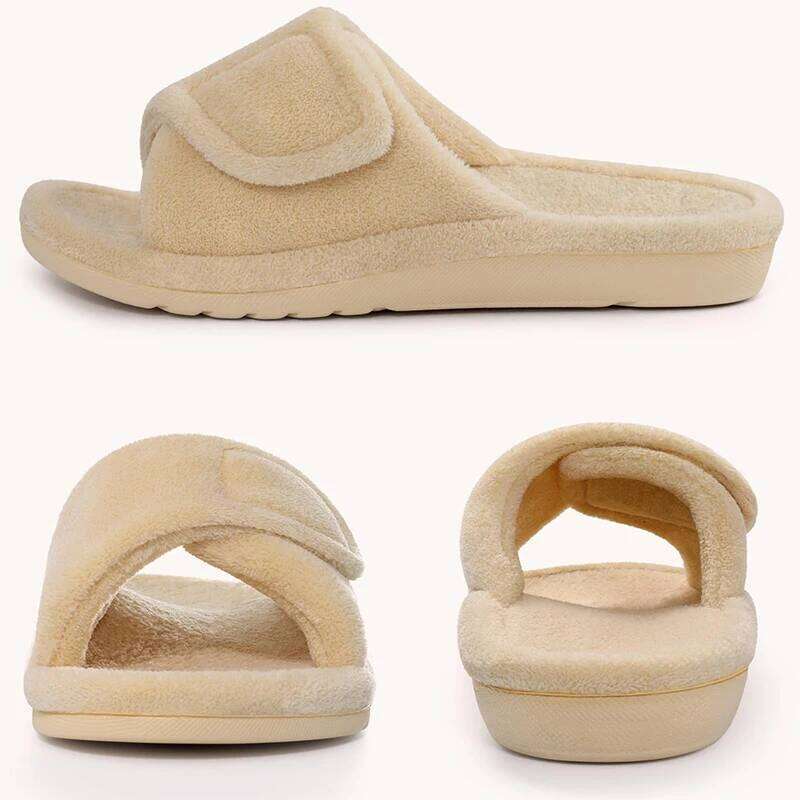 Kidmi New Women's Coral Fleece Orthopedic Slippers with Arch Support Velcro Adjustable Open Toe Home Shoes for Plantar Fasciitis