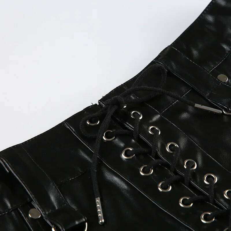 American Street Women Sexy Rivet Low Waist Hip Wrap Skinny Leather Lace Up Booty Shorts XJ260305