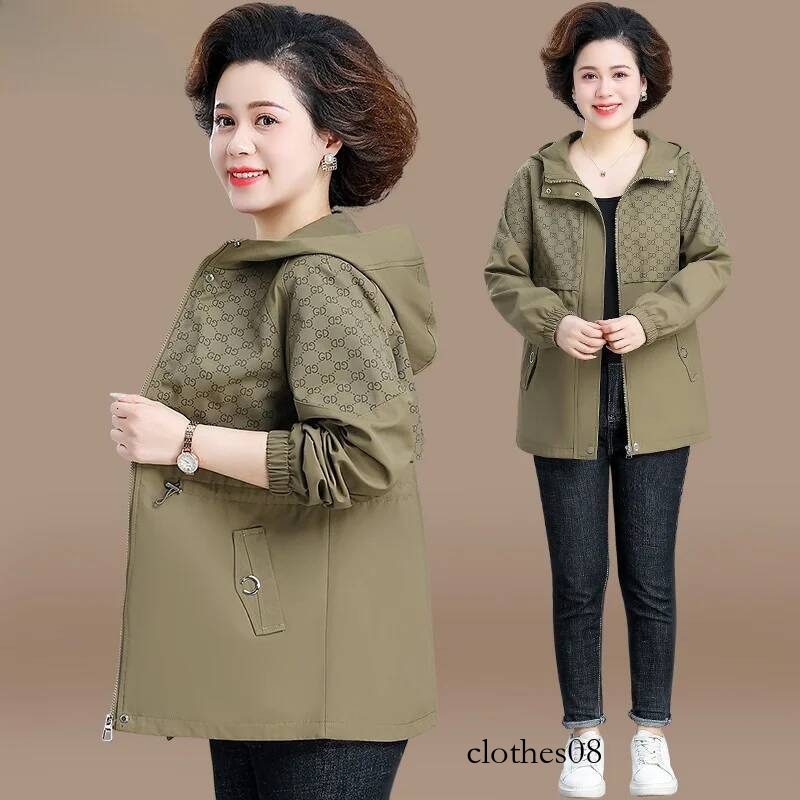 Faionable Spring Autumn Women's Jaet Middle-Aged Mom Ele Lady Upper Body Loose Fit Polyester Zipper Hooded Coat
