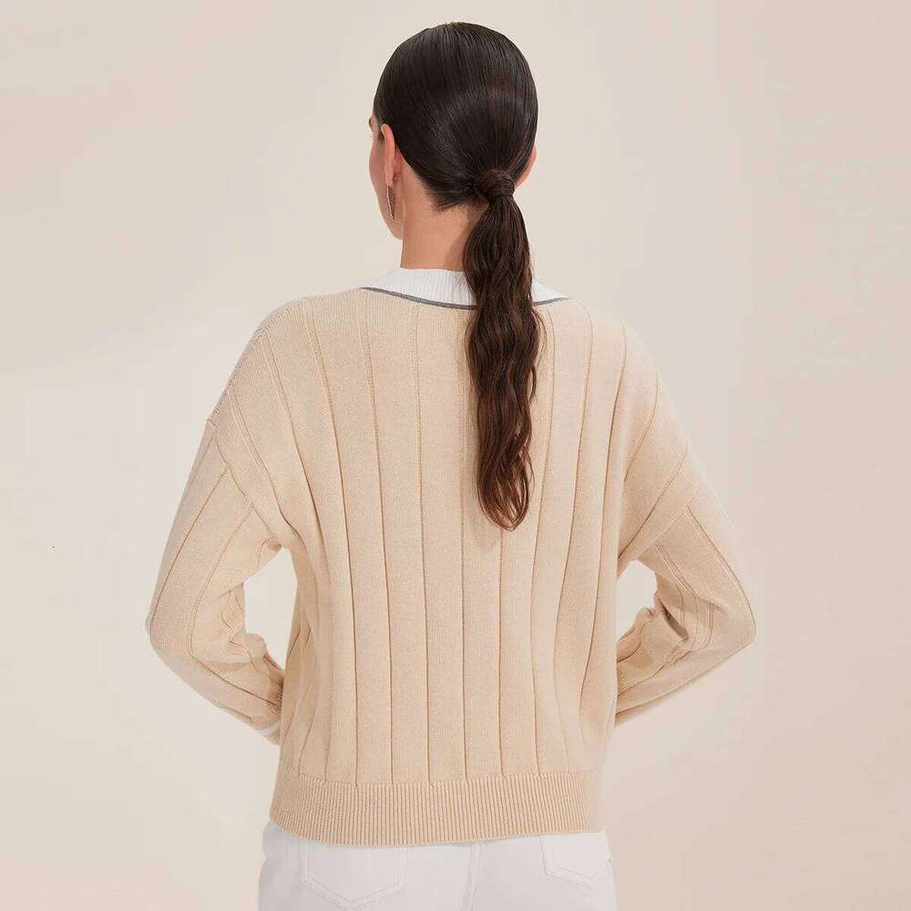 BY4521246 Women's Luxurious V-Neck Long Sleeve Sweater 100% Cotton Casual Knitted Pullover Fall Winter 2025 XJ260305