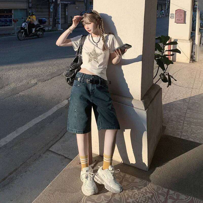 New American Loose Denim Shorts Spring Summer. Fashionable and Versatile Casual Straight-leg Mid-length Jeans for Ladies XJ260305