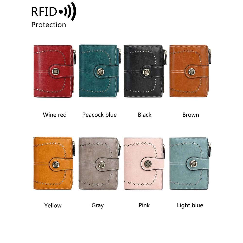 Retro three-fold RFID shielding women's short wallet, solid color large capacity daily fashion versatile clutch bag C260304