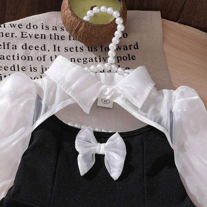 Elegant Semi-Sheer Long Sleeve Lapel Combo Dress for Girls Summer 4-7 Black Knee Length Skirt with Sweet Bow Detail Z260304
