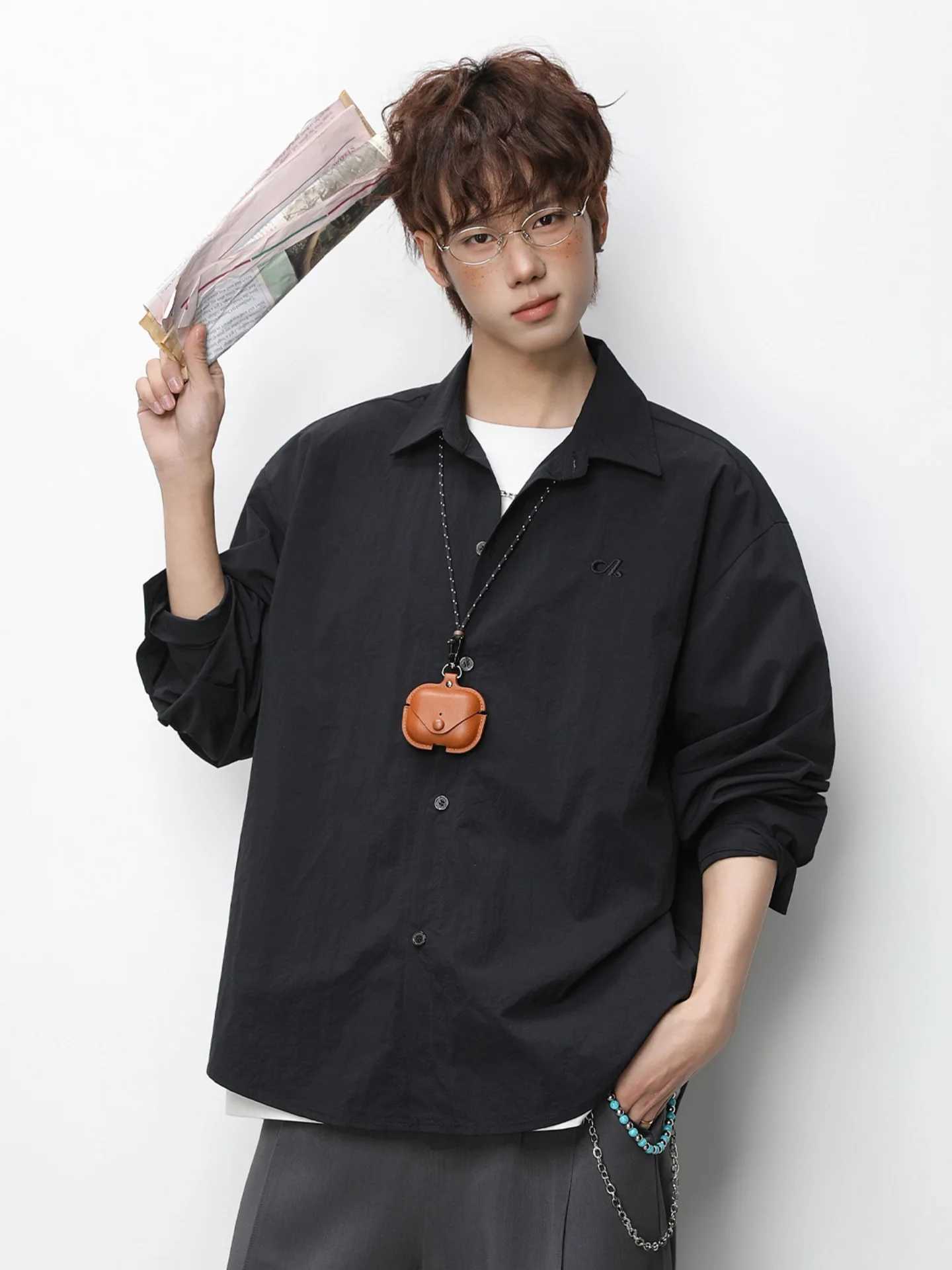 Pleated Long-Sleeved Shirt for Men Solid-Coloured Loose-Fit Shirt Jacket Soft and Versatile Outerwear Shirt M260305