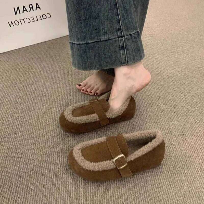 Kidmi New Suede Retro Fleece-Lined Loafers Autumn Winter Warm Slip-on Soft Soled Ladies Women's Cotton Shoes