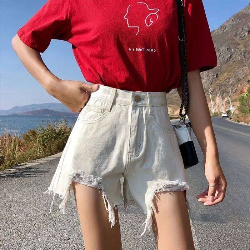 Women's denim shorts women's autumn new Korean version ripped hole high waist slim fit slimming A-line hot pants XJ260305