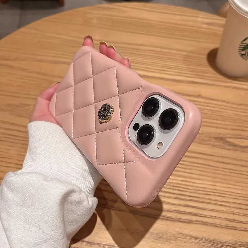 Luxury Quilted Leather Phone Case with 3D Metal Camellia For iPhone 17 16 15 14 13 Pro Max Plus | Premium Protective CoverT260305