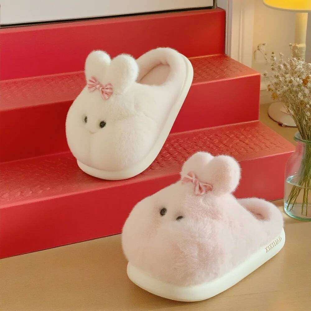 Women Indoor Cotton Slippers Cute Cartoon Rabbit Winter House Shoes Woman Home Floor Fluffy Slides Warm Plush Anti-slip Footwear