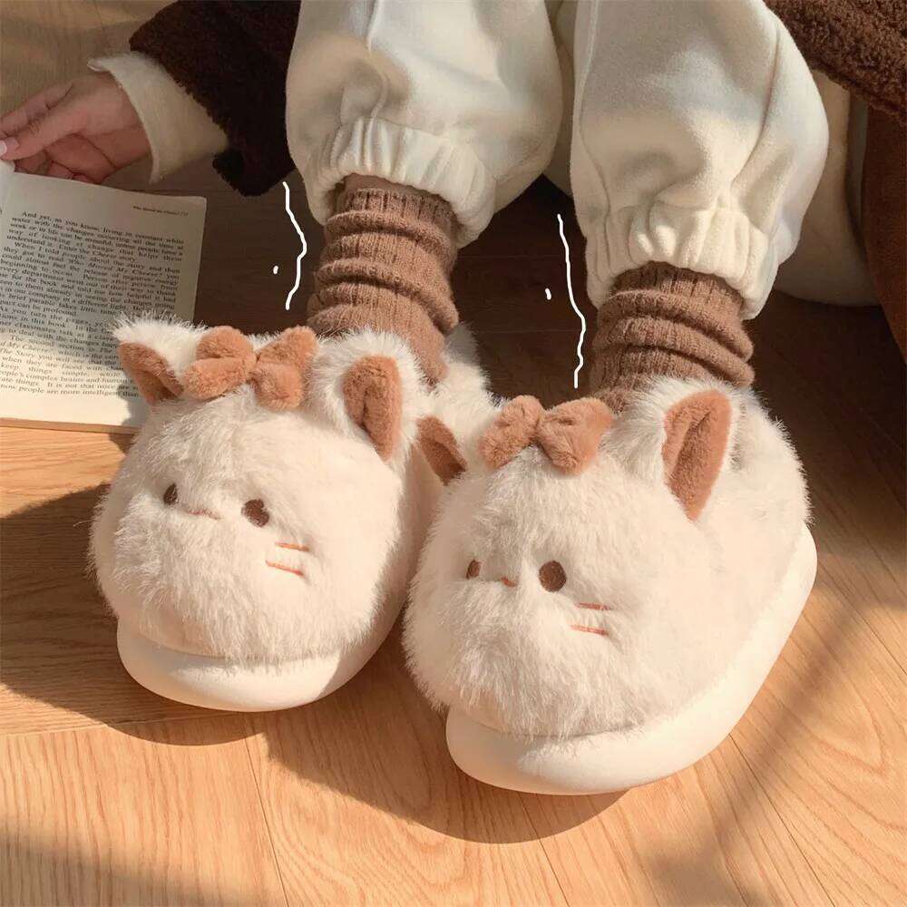 Cute Cartoon Cat Fluffy Slippers For Women Winter House Warm Faux Fur Thick Sole Anti-slip Girls Indoor Cotton Shoes