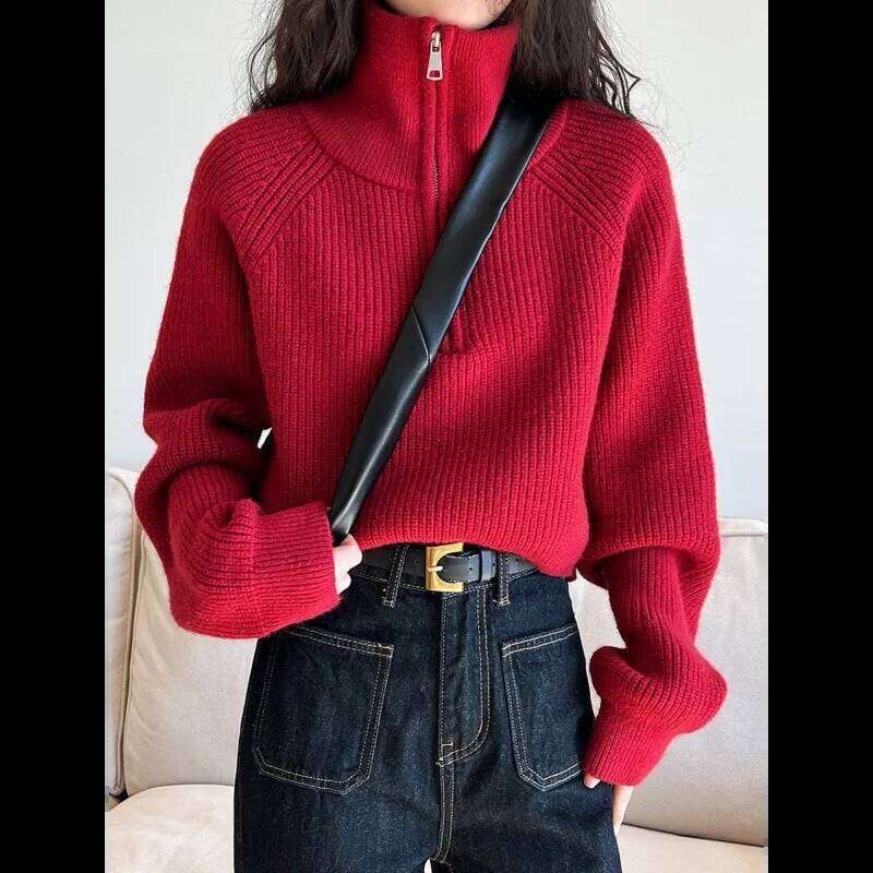 Half Zipper Turtleneck Long Sleeve High Waist Sweater for Women Spring Autumn Short Fashion Style Maillard Color Top XJ260305