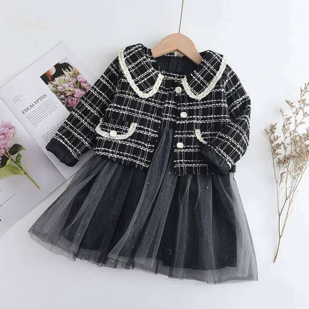 Autumn New Korean Version Clothes of Girls' Sleeveless Mesh Vest Dress+lapel Plaid Long Sleeved Jacket Two-piece Set Z260304