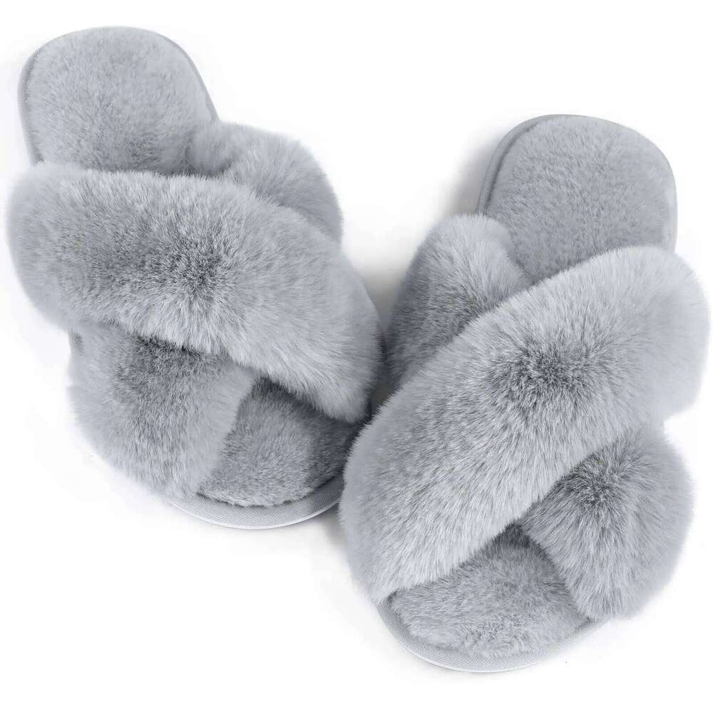 Kidmi Women Flat Fuzzy Cross Band Plush Female Fluffy Furry Bedroom Slides Indoor Non-slip Soft House Slippers
