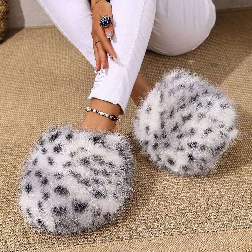 Warm Faux Fur Indoor Fluffy Slippers For Women Autumn Winter House Shoes Leopard Color Anti-slip Female Home Floor Cotton Slides