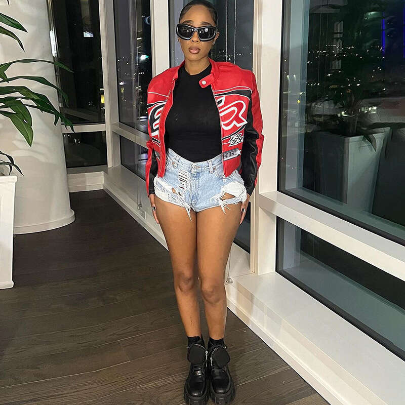 2024 Autumn Winter New Cross-Border European and American Foreign Trade Sexy Crop Zipper Top Color-Block Embroidery Short Fashion Jacket