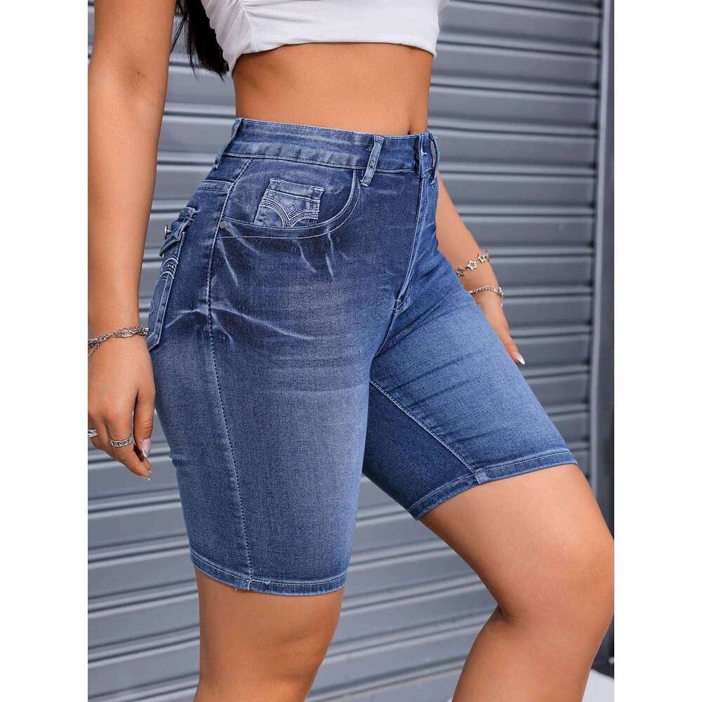 2025 Summer New High Stretch Slim Fit Denim For Women Fashion Embroidery Knee Length Skinny Jeans Shorts Casual Clothes XJ260305