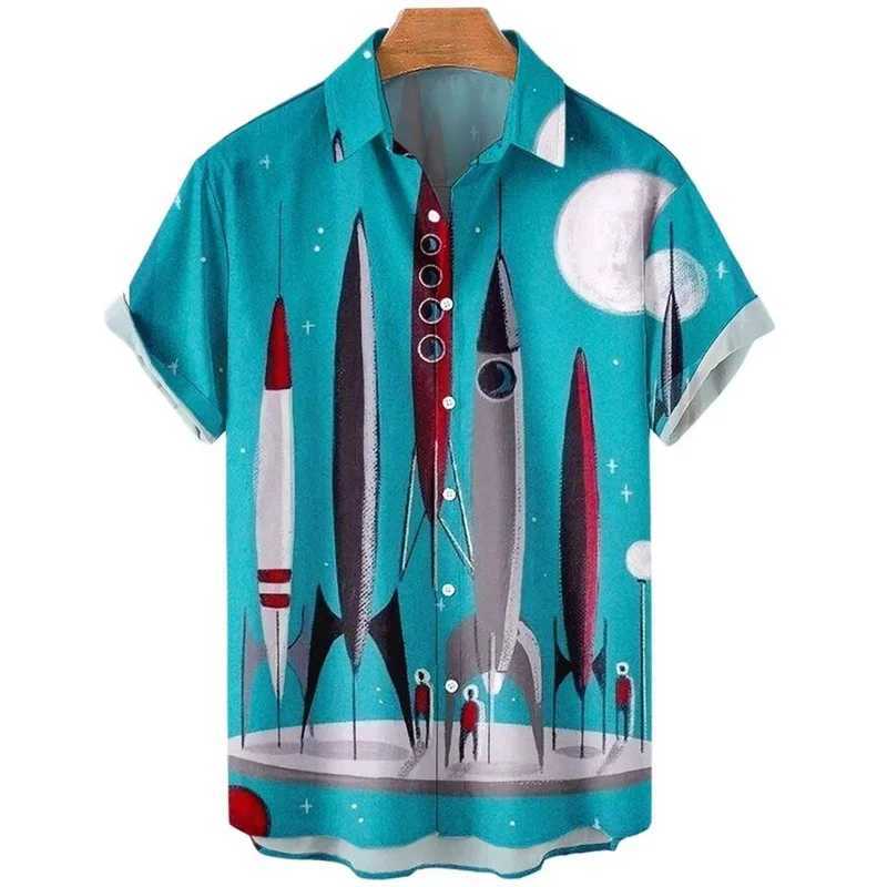 Rocket Graphic Shirts for Men Clothing 3D Printed Hawaiian Vacation Beach Shirt Lapel Blouse Summer Casual Clothes Tops Chemise M260305