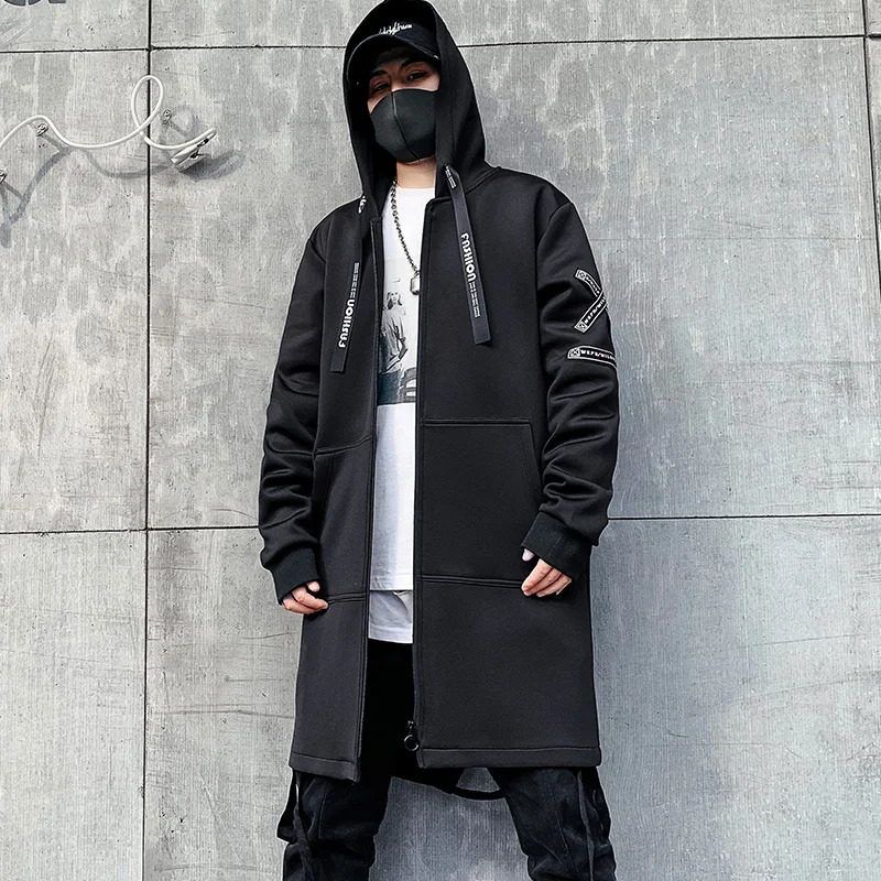 2026 Fashion Printed Mens Trench Coat Streetwear Hooded Harajuku Windbreaker Slim Fit Ribbons Outwear 260302