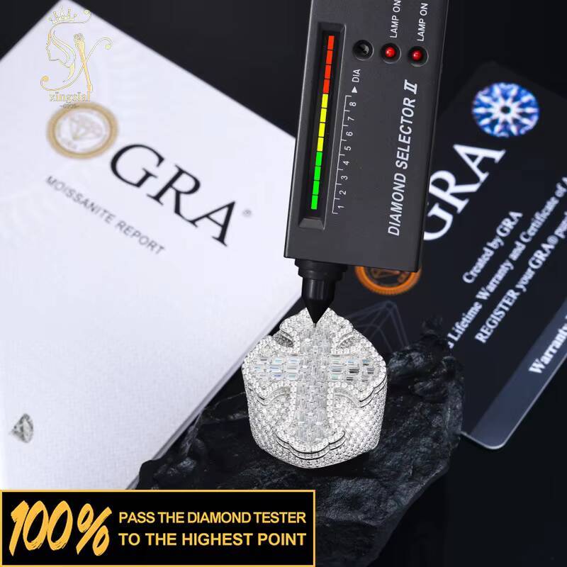 Xingsial Luxury Pass Diamond Tester VVS D Color Moissanite Iced Out Hip Hop Cross Ring 925 Sterling Silver Diamond Cluster Ring