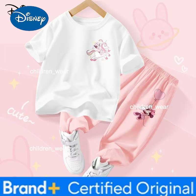 Disney Summer Baby Girl Clothes Set Children Minnie Cartoon Printing O-Neck T-shirt and Pants Two Pieces Suit Cotton Tracksuit H260305