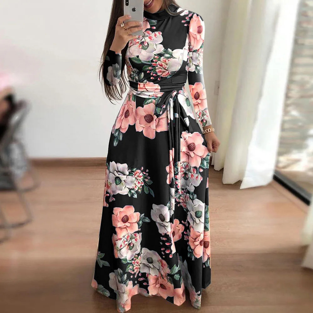 Womens Floral Print Summer Dress - Boho A-Line Swing Dress with Short Sleeves High Waist Flowy Maxi Dress for Beach 260304