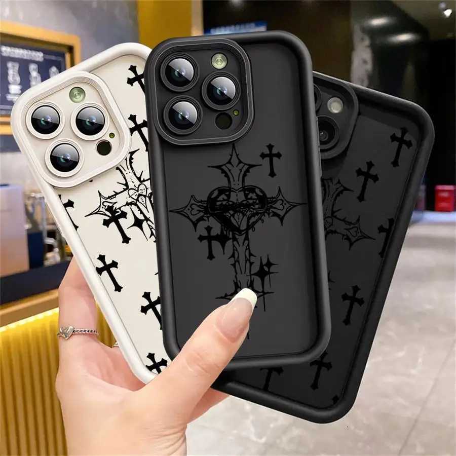 Luxury Black Cross Print Soft Phone Case for iPhone 16 Pro 15 Pro Max 14 13 12 11 XS 16 Plus Shockproof Protective CoverT260305