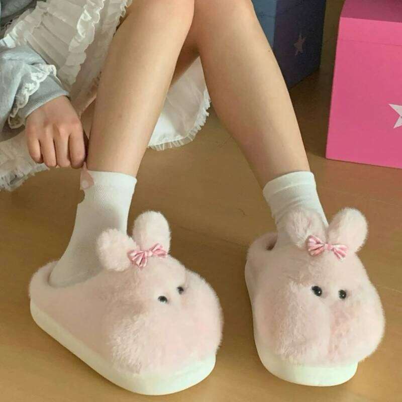 Women Indoor Cotton Slippers Cute Cartoon Rabbit Winter House Shoes Woman Home Floor Fluffy Slides Warm Plush Anti-slip Footwear