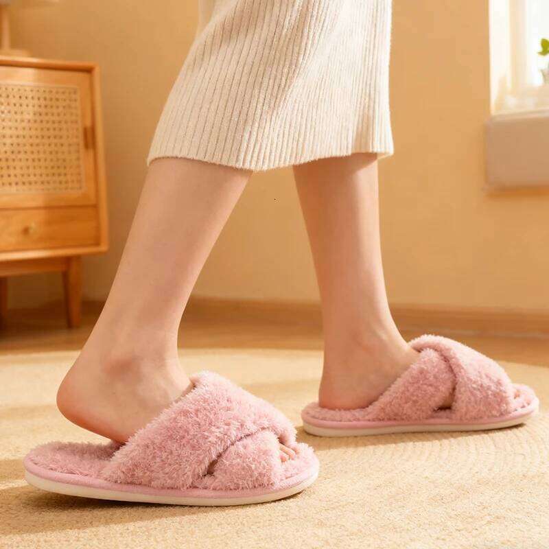Kidmi New Women's Plush Slippers Winter Fashion Slipper Cherry Velvet Cross Seam Style Bedroom Slides Comfortable House slippers