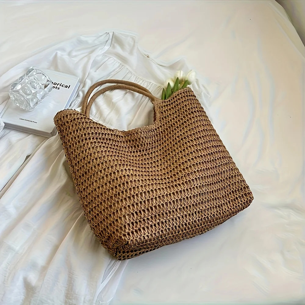 Large Capacity High-Quality Paper Straw Tote Bag - Durable Woven Beach Casual Handbag with Fixed Shoulder Straps 260303