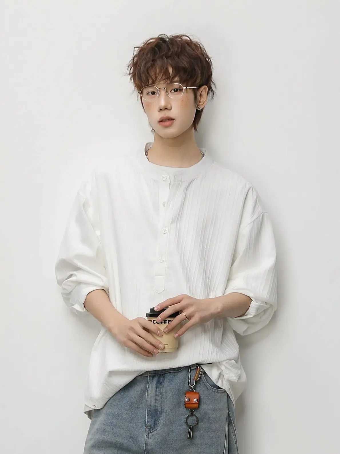 Textured Vertical Stripe Long-Sleeved Shirt Mens Casual Breathable Button-Down Stand Collar Shirt Jacket Soft M260305