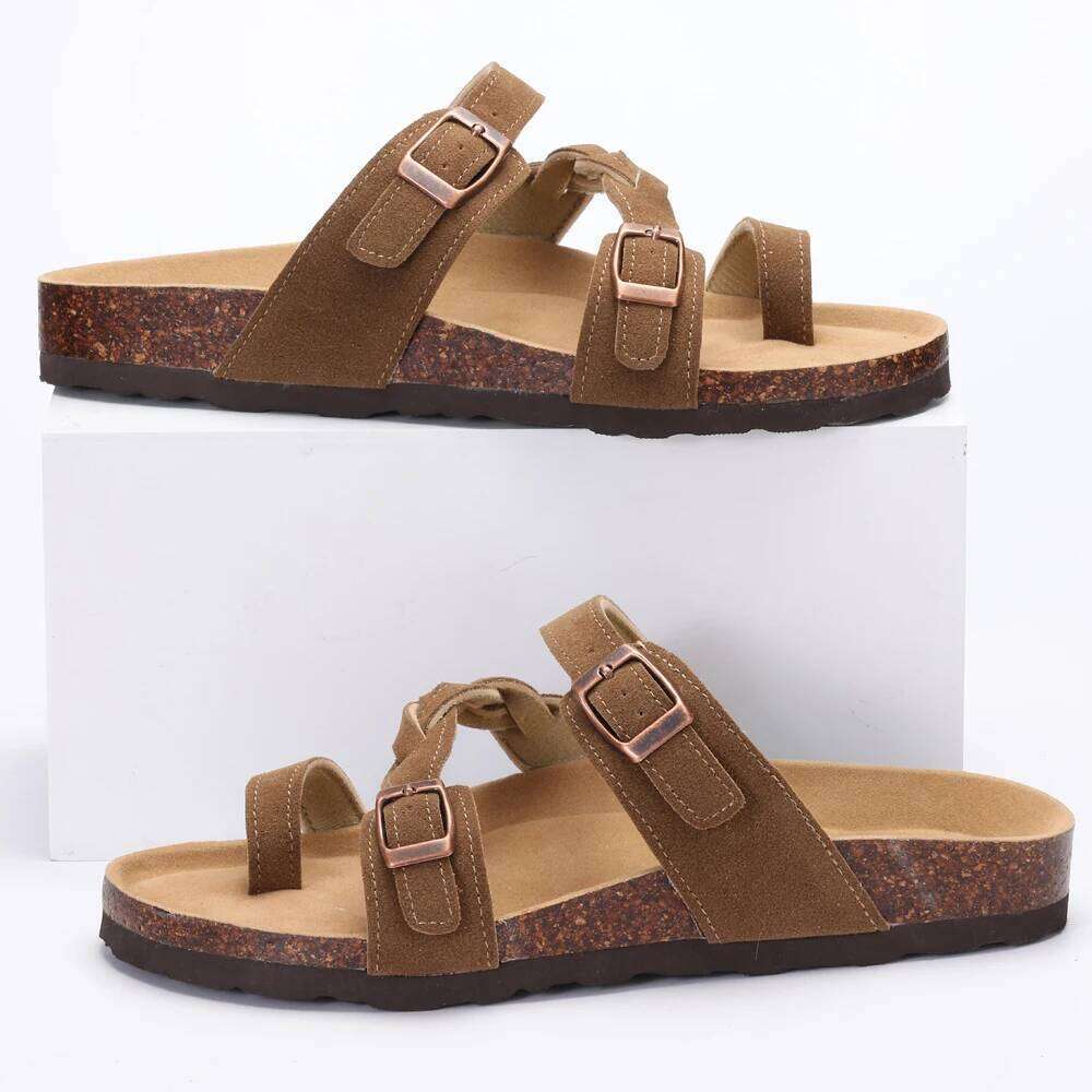 Kidmi Summer New Women's Cork Footbed with Arch Support Comfortable Slip-On Slide Sandals With Double Adjustable Buckles