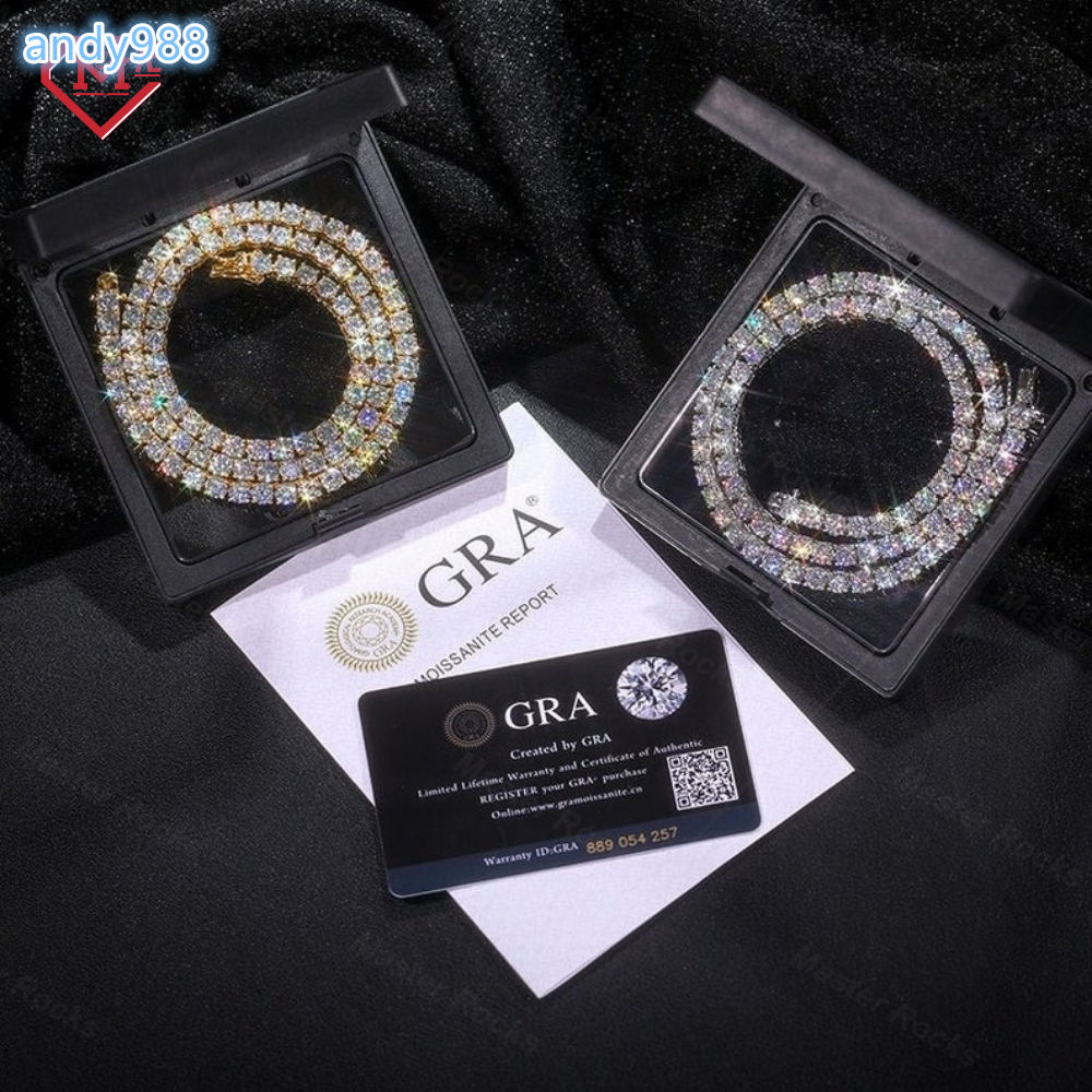 Hip Hop 4mm Moissanite Chain Diamond Tennis 925 Sterling Silver Iced Out Vvs Moissanite Tennis Chain