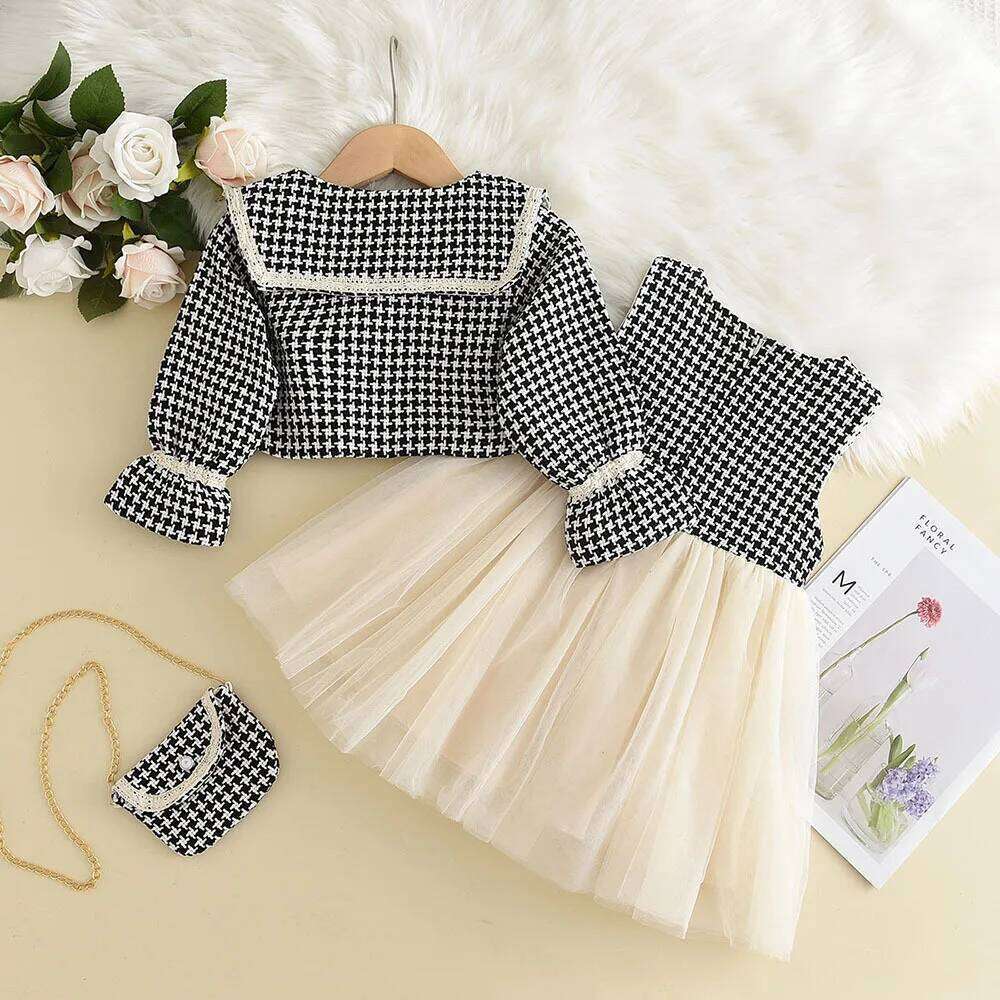 Girls' 3-Piece Thousand Bird Check Set - Big Lapel Coat Waistcoat Skirt + Satchel | Classic Kids' Ensemble Z260304