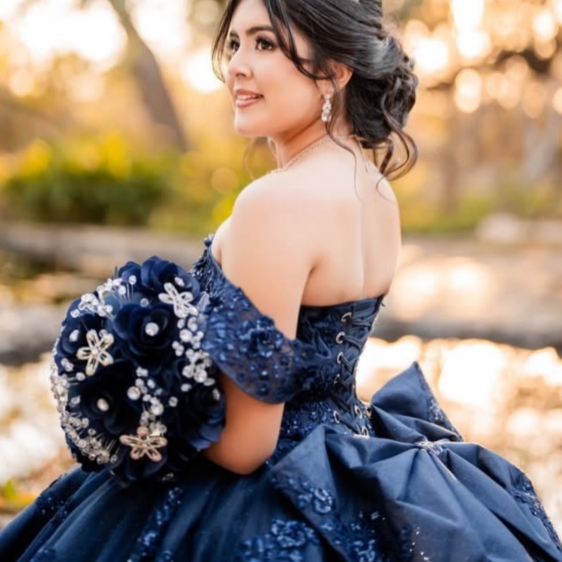 Navy Blue Shiny Quinceanera Dresses Ball Gown Off The Shoulder Applique Lace Beading Crystal Bow Corset Party Birthday Sweet 16 Dress Vestidos 15 De A